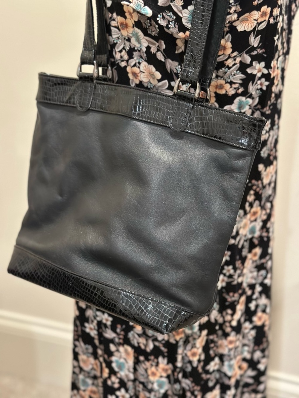 SAS Black Buttery Soft Leather Shoulder Bag & Patent Leather Embossed Croc Trim